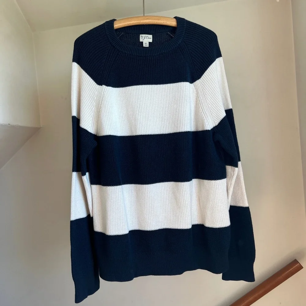 J. Crew Cotton Ribbed Sweater XL Men Navy White Striped Crewneck Pullover Preppy